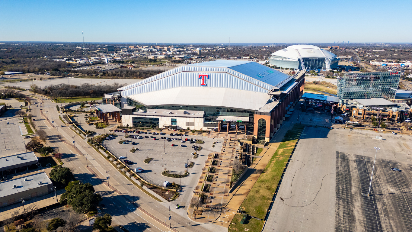 Globe Life Field, home to Major League Baseball's Texas Rangers, with AT&T Stadium in background