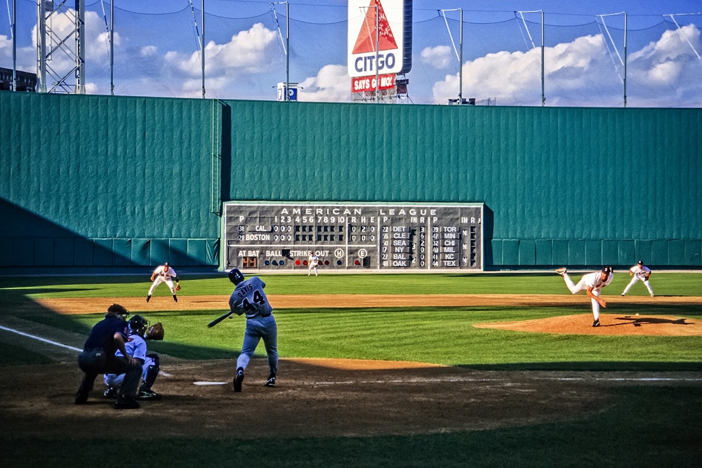 Fenway Park, home of the Boston Red Sox. The Green Monster is visible beyond the playing field
