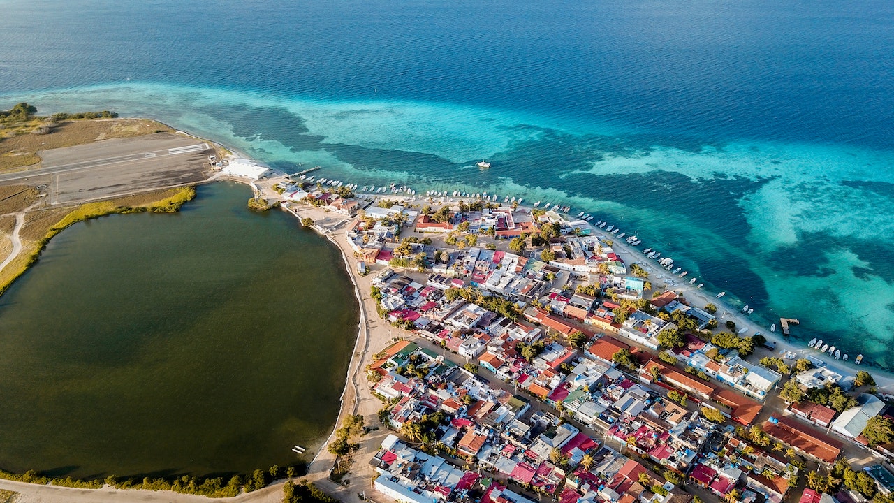 Aerial view of grand Roques town on an island in Venezuela