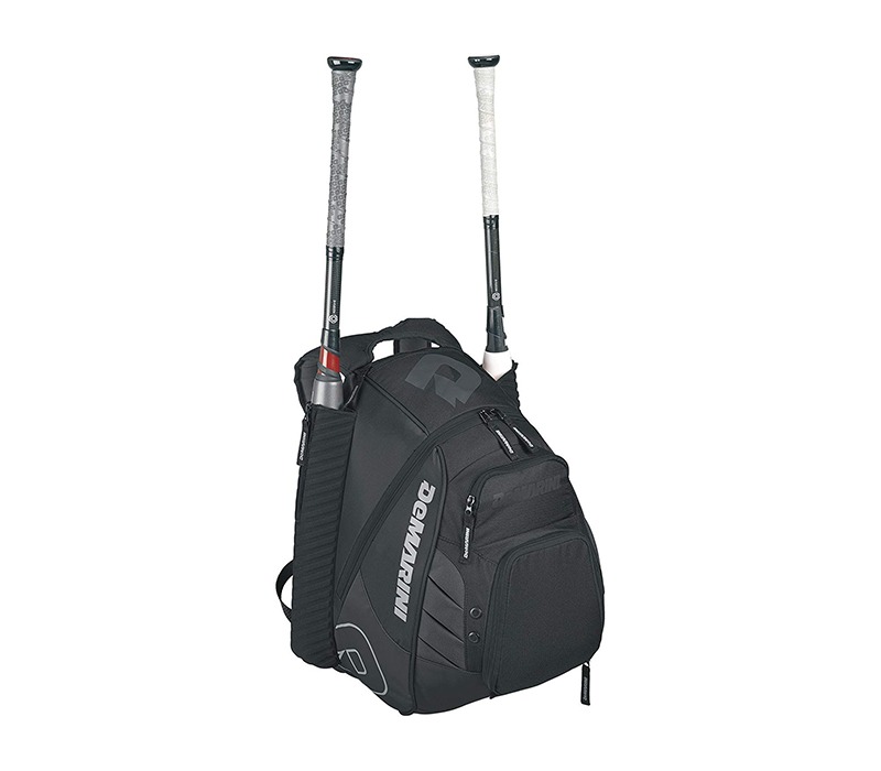 A DeMarini baseball backpack sporting two baseball bats