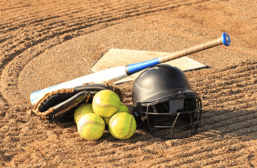 Baseball bat, helmet, and ball
