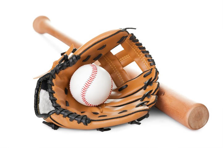 baseball glove, bat, and ball